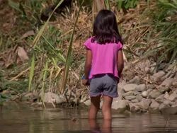 "Young girl wading through river with basket, trying to catch something in the water, rural villiage, Leimebamba [Leymebamba] Valley, Peru" Stock Footage