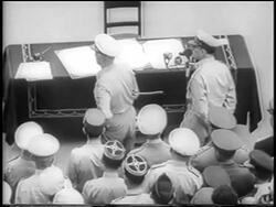 B/W 1945 high angle REAR VIEW Admiral Nimitz approaching table at surrender of Japan on U.S.S. Missouri Stock Footage