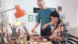 Art painter and student using digital tablet in the art studio. Stock Footage