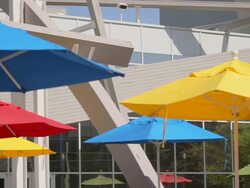 CU PAN Shot of google logo through colorful umbrellas / Mountain View, California, United States Stock Footage