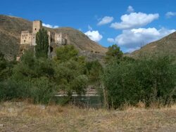 MS PAN Khertvisi fortress on caucasus mountains near by flowing spring water / Georgia Stock Footage