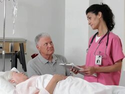 "hispanic medical worker talking to a senior patient and her husband in the hospital/Richmond,Virginia, USA" Stock Footage