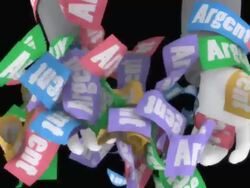 Graphic hands grasping at falling money with the word 'Argent' Stock Footage