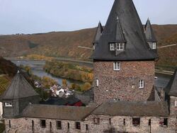 MS View of castle near river / Bacharach, Rhineland-Palatinate, Germany Stock Footage