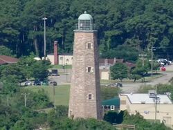 WS AERIAL ZI DS View of Cape Henry Cross Lighthouses / Virginia, United States Stock Footage