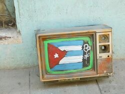 CU Shot of Cuban flag on TV / Cuba  Stock Footage