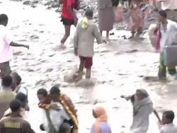 People crossing river following following bridge collapse Stock Footage