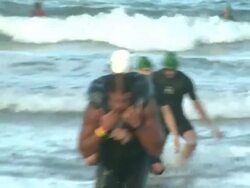 ATMOSPHERE - Swimmers Nautica Malibu Triathlon Presented by Equinox on 9/8/13 in Malibu, CA. Stock Footage