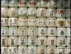 CU decorative sake containers stacked up, fill frame, Kyoto, Japan Stock Footage