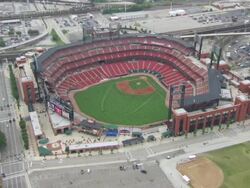 AERIAL WS View of Busch Stadium in city / St Louis, Missouri, United States Stock Footage