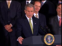 President Bush congratulated the Stanley Cup champion Anaheim Ducks at a reception at the White House on Wednesday News Clip