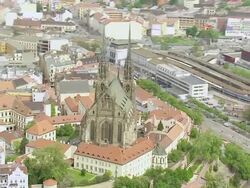 WS AERIAL View of church / Brno, Brno City District, Czech Republic Stock Footage