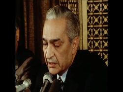 UPI CUTS 24 3 80 PRIME MINISTER OF EGYPT MUSTAFA KHALIL SPEAKING AT A PRESS CONFERENCE IN CAIRO News Clip