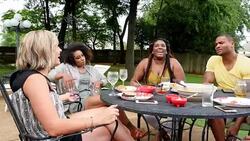 MS Group of friends hanging out in backyard on summer evening Stock Footage