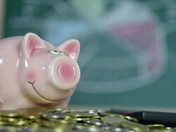 Money and piggy bank Stock Footage