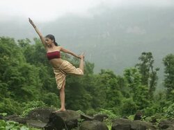 Young woman practicing yoga in the forest, Malshej Ghat, Maharashtra, India Stock Footage