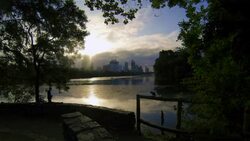 Austin Texas Lou Neff Point Zilker Park Sunrise Time-lapse Colorado River Reflections of Our Amazing Capital City with Dock and Wooden Rail Stock Footage