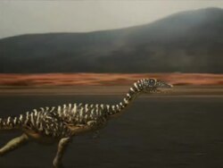 Long Shot pan-left pan-right - Two-legged creatures run across pavement near mountains in a computer-generated animation. / New York City, New York, USA Stock Footage