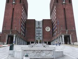 MS LA Shot of Oslo City Hall / Oslo, Norway Stock Footage