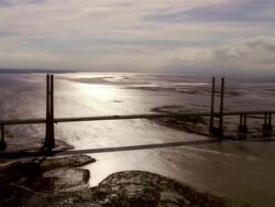 AERIAL, CIRCLING, New M4 Bridge, Gloucestershire, England Stock Footage