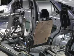 CU PAN Cutaway of new Ford Explorer manufactured by Ford Motor Company at Detroit Auto Show / Detroit, Michigan, USA Stock Footage