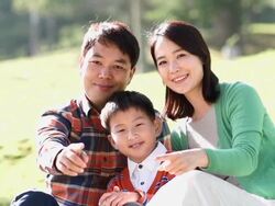  MS SLO MO Family are smiling with making Heart shaped form at cattle ranch / Yeongju, Gyeongsangbuk do, South Korea Stock Footage