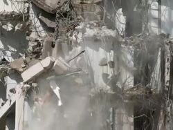 MS Wrecking ball demolishing building / Chicago, Illinois, USA Stock Footage