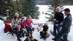 Multi-generation family toasting marshmallows over fire pit on snowy patio Stock Footage
