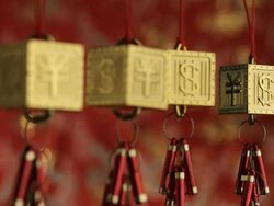 CU R/F Hanging Yen and Dollar signs decorations depicting / Singapore, Singapore, Singapore  Stock Footage