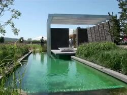 WS People roaming at pool in garden / Koblenz, Rhineland-Palatinate, Germany Stock Footage