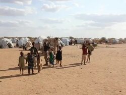 Panoramic view of refugee camp Stock Footage
