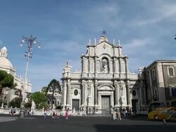 Catania, view of piazza del duomo and the Cathedral (Duomo) of Saint Agatha, one of the masterpieces of the Baroque style in Sicily Stock Footage