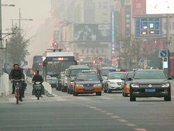 WS View of Smog at dusk Wangfujing shopping street central / Beijing, Hebei Province, China Stock Footage