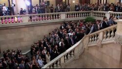 Catalan MPs on parliament steps after independence vote Instructional Video