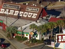 MS AERIAL Shot of maurice's bbq original piggy park restaurant / South Carolina, United States Stock Footage