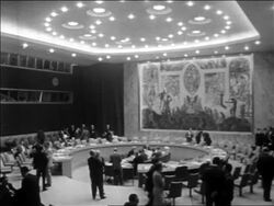 B/W 1967 high angle Security Council meeting at round table in United Nations / New York City / newsreel Stock Footage