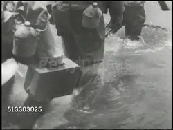 1943: BOUGAINVILLE CAMPAIGN: VS U.S. Marines on incomplete constructed bridge, advancing along beach, waters. VS Explosion, U.S. soldiers advancing through forest (Battle of Piva Forks), firing rifles, throwing grenades. WWII, Pacific Front, Numa Numa Instructional Video