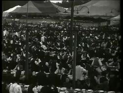 B/W wide shot PAN of Civil War veterans eating at tables /reunion / Vicksburg, Mississippi / NO SOUND Stock Footage