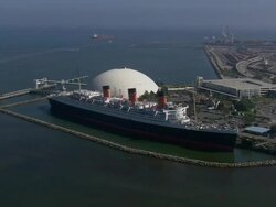Aerial TS MS Queen Mary  and planetarium / Long Beach, California, United States Stock Footage