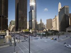 USA, Illinois, Chicago, Chicago River and Skyscrapers along Wacker Drive Stock Footage