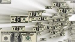 One-hundred dollar bills float backward against a streaked gray background. Stock Footage