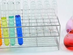 panning : much color of chemicals in different glassware Stock Footage