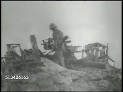 1944: BATTLE OF KWAJALEIN: VS Various destroyed Japanese artillery & equipment, defensive structures (blockhouses), bunkers, some U.S. 4th Division Marines inspecting damages. World War II, WWII, Pacific Front, Marshall Islands Campaign Instructional Video