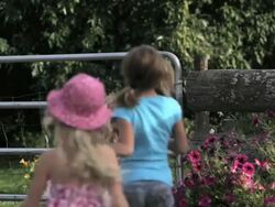 family walks thru farm gate Stock Footage