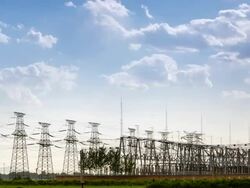 T/L WS PAN The electricity power station under the sky with rolled clouds / Hebei, China Stock Footage