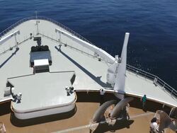 MS HA POV Shot of Cruise ship of Cunard Line Queen Mary 2 with people  / North Sea, Jutland, Denmark Stock Footage