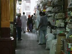 MS People walking through at outdoor spice market / Dubai, United Arab Emirates Stock Footage