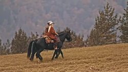 TS Cowboy and cowgirl talking while riding their horses Stock Footage