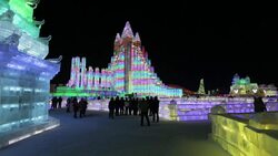 Spectacular illuminated ice sculptures at the Harbin Ice and Snow Festival in Heilongjiang Province, Harbin,  China Stock Footage