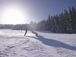 Snowboarder does turn on slope Stock Footage